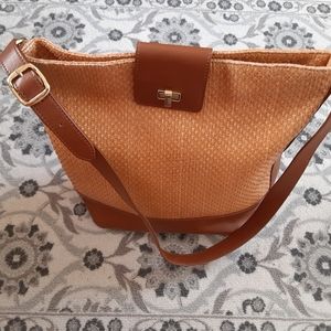 Talbots tan leather and woven rattan purse/bag